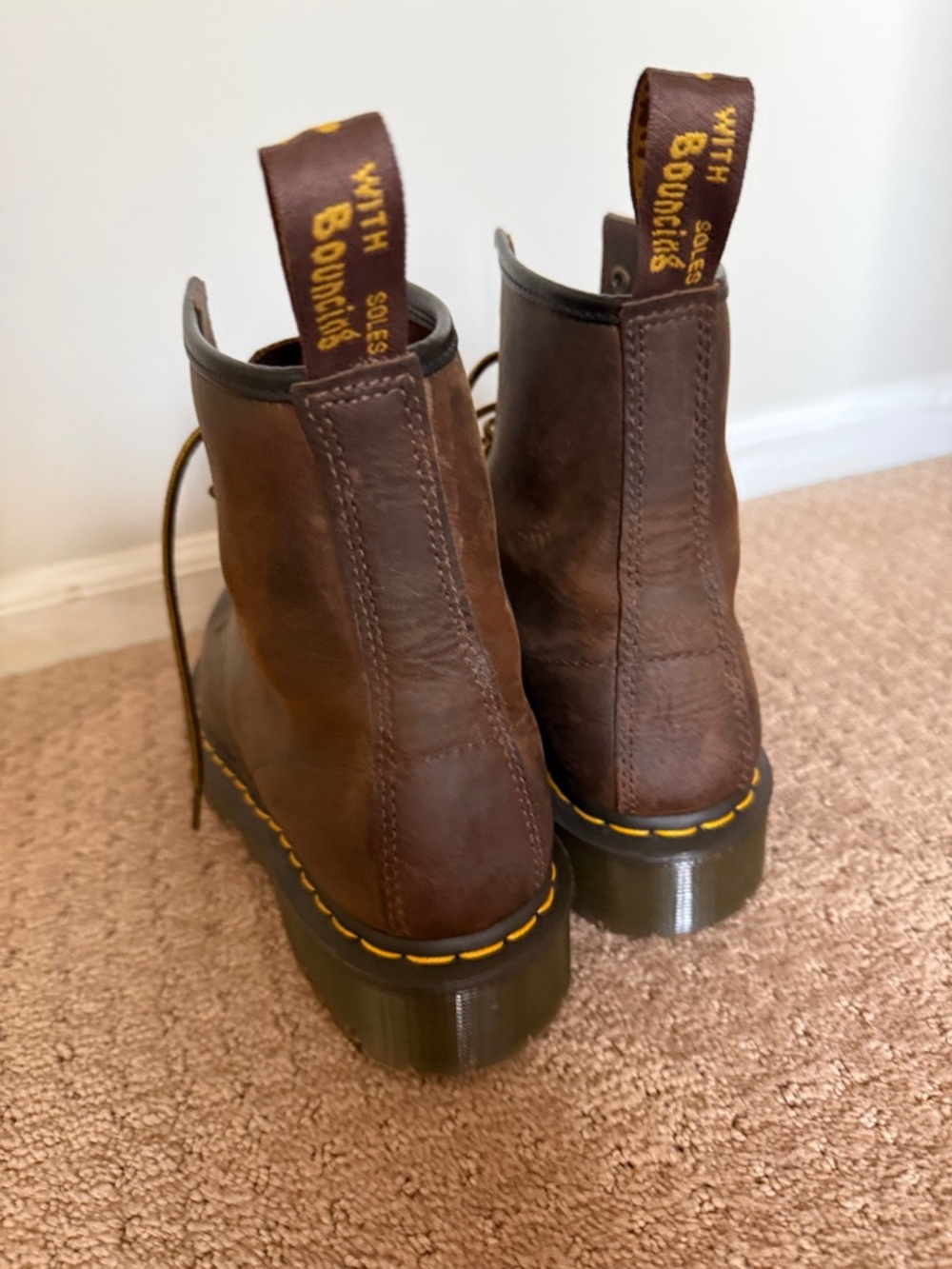 Dr. Martens Dark Brown Leather 8-Eye Lace-Up Boots with Yellow Accents - Picture 4 of 5
